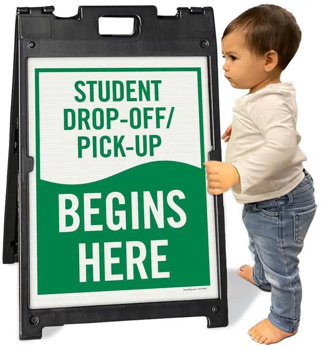 Alt view image 2 of 5 - 24 x 18 inch 'Student Drop-Off and Pick-Up Begins Here' Sidewalk Sign Stand Kit, Two-Sided Sandwich Board Sign, Plastic, USA-Made, Green and White Sign (1 Black A-Frame + 2 Sign Panels)