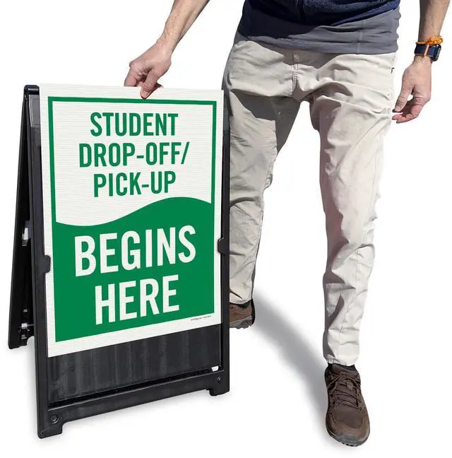 Alt view image 3 of 5 - 24 x 18 inch 'Student Drop-Off and Pick-Up Begins Here' Sidewalk Sign Stand Kit, Two-Sided Sandwich Board Sign, Plastic, USA-Made, Green and White Sign (1 Black A-Frame + 2 Sign Panels)
