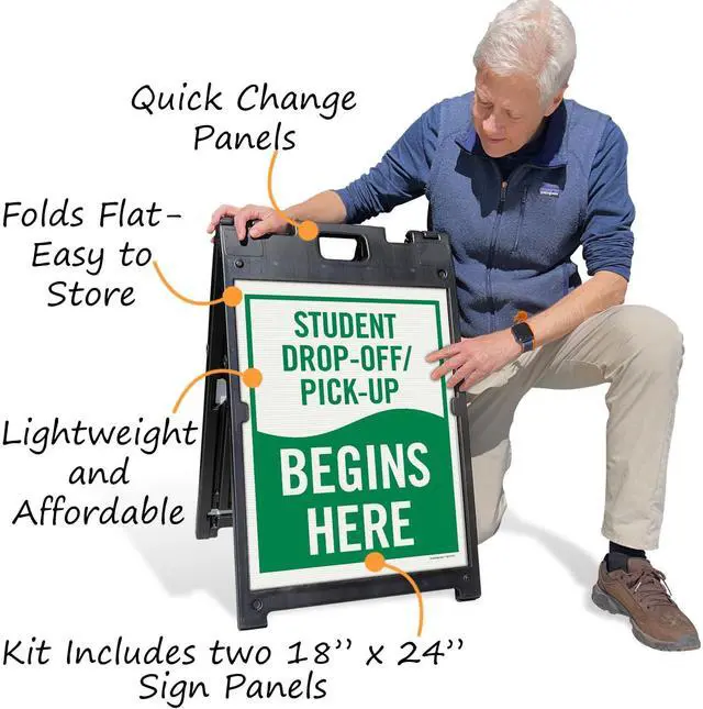 Alt view image 4 of 5 - 24 x 18 inch 'Student Drop-Off and Pick-Up Begins Here' Sidewalk Sign Stand Kit, Two-Sided Sandwich Board Sign, Plastic, USA-Made, Green and White Sign (1 Black A-Frame + 2 Sign Panels)