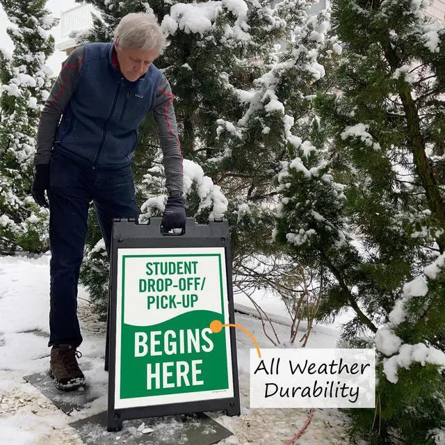 Alt view image 5 of 5 - 24 x 18 inch 'Student Drop-Off and Pick-Up Begins Here' Sidewalk Sign Stand Kit, Two-Sided Sandwich Board Sign, Plastic, USA-Made, Green and White Sign (1 Black A-Frame + 2 Sign Panels)