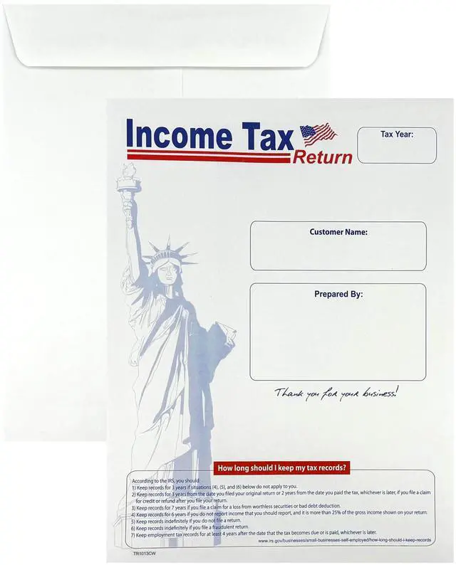 Main image of 500 Cashier Depot Income Tax Return Envelopes 10" x 13" Catalog (Open End), Lady Liberty Design, Heavy 28lb White Paper, Gum Flap, Printable & Customizable, 500 Count