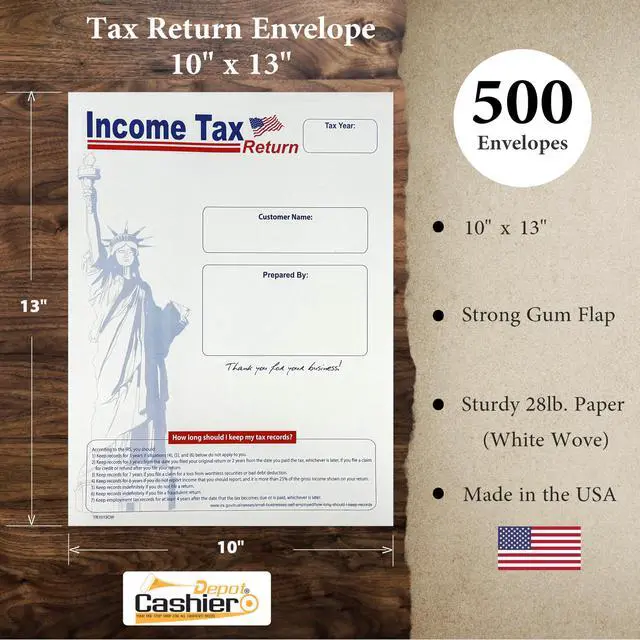 Alt view image 2 of 4 - 500 Cashier Depot Income Tax Return Envelopes 10" x 13" Catalog (Open End), Lady Liberty Design, Heavy 28lb White Paper, Gum Flap, Printable & Customizable, 500 Count