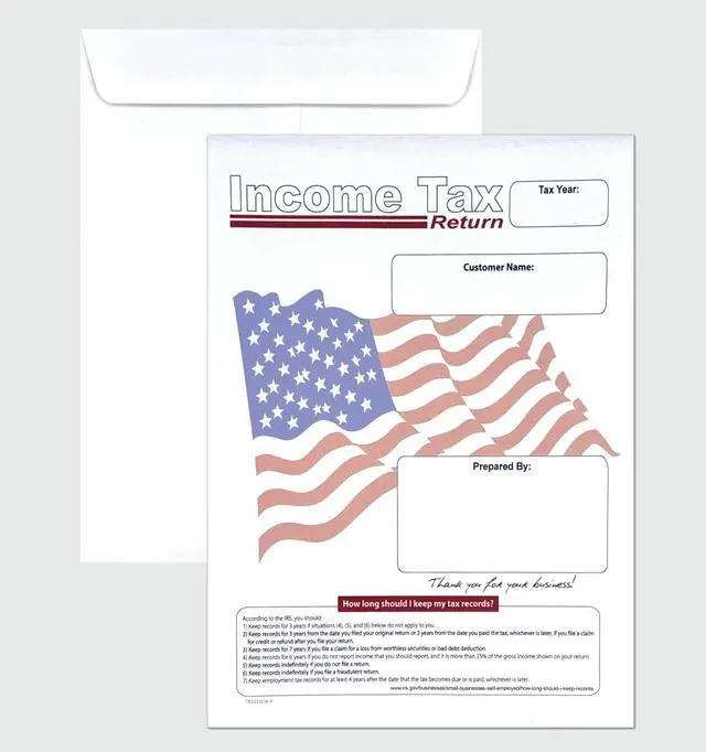 Main image of 500 Cashier Depot Income Tax Return Envelopes 10" x 13" Catalog (Open End), American Flag Design, Heavy 28lb White Paper, Gum Flap, Printable & Customizable, 500 Count