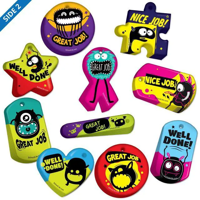 Alt view image 2 of 7 - Brag Tags Fun Critters & Monsters Increase Student Attendance Incentives Value Pack: 500 Multicolor, Waterproof Teslin Brag Tags (50 Per Design)