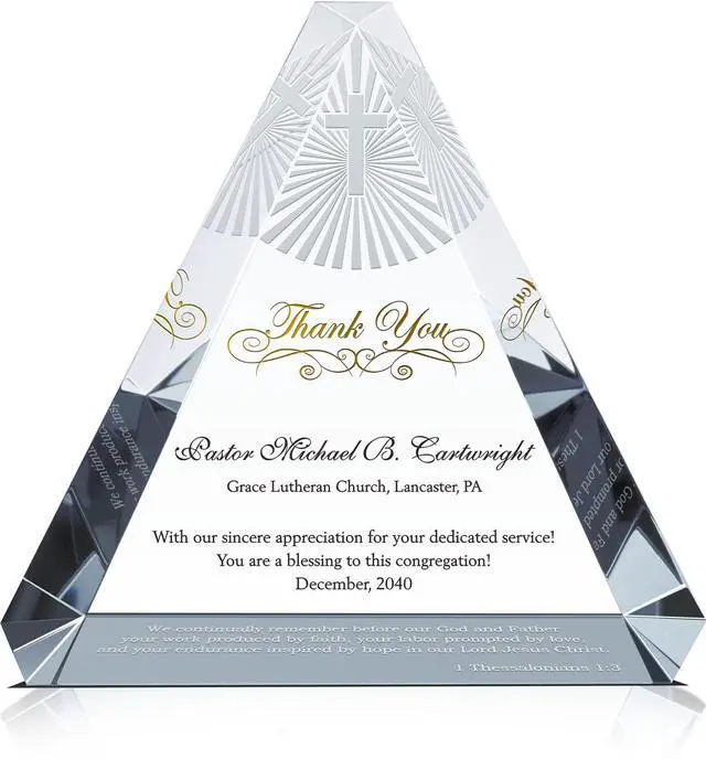 Main image of Custom Trinity Crystal Pastor Appreciation Plaque Personalized Gift for Minister, Priest, Deacon or Church Staff with Engraved Thank You Message (L - 9")