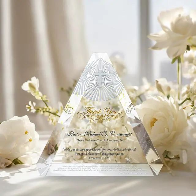 Alt view image 2 of 7 - Custom Trinity Crystal Pastor Appreciation Plaque Personalized Gift for Minister, Priest, Deacon or Church Staff with Engraved Thank You Message (L - 9")
