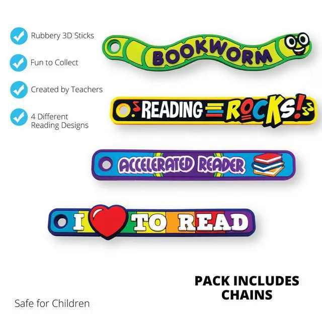 Alt view image 2 of 4 - Brag Sticks to Improve Reading Participation and Habits Value Pack: Wearable Incentives for Students and Kids: 240 Sticks (60 Sticks for Each Design) + 120 4" Chains
