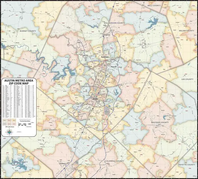 Main image of Austin TX ZIP Code Laminated Map (47' wide x 42' tall)