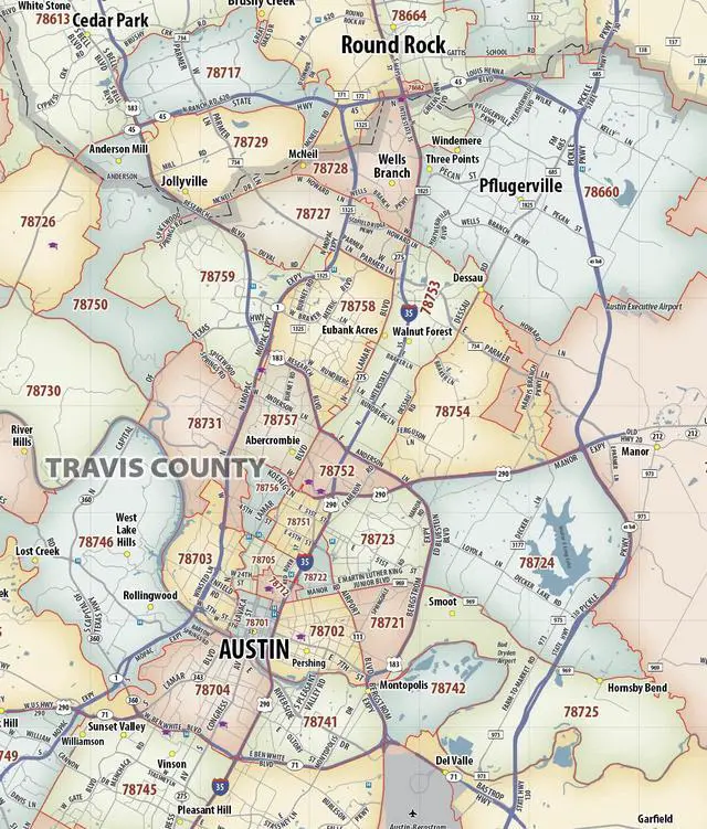 Alt view image 2 of 7 - Austin TX ZIP Code Laminated Map (47' wide x 42' tall)