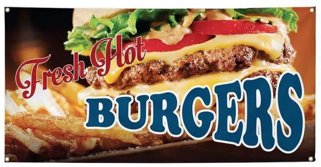 Main image of Vinyl Banner Multiple Sizes Fresh Hot Burgers Advertising Printing D Restaurant & Food Outdoor Weatherproof Industrial Yard Signs Red 10 Grommets 60x144Inches