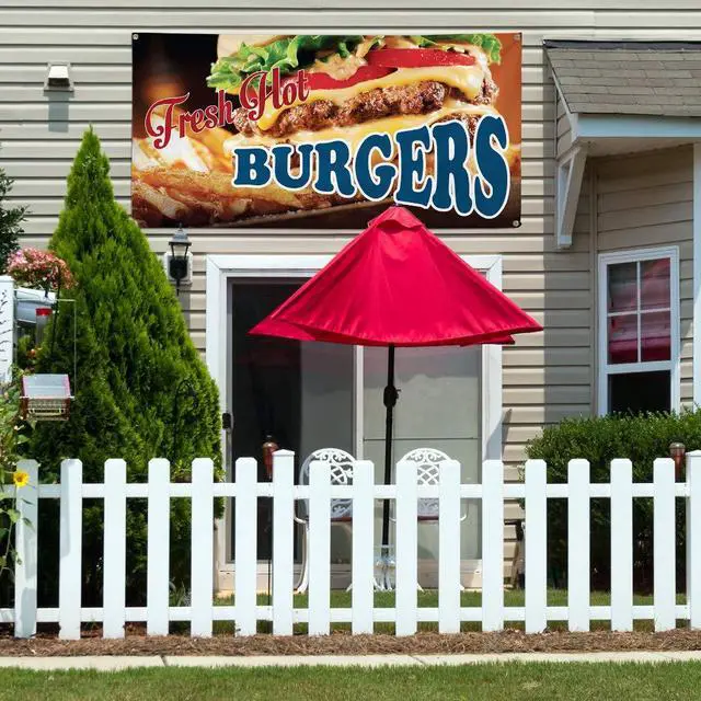 Alt view image 3 of 7 - Vinyl Banner Multiple Sizes Fresh Hot Burgers Advertising Printing D Restaurant & Food Outdoor Weatherproof Industrial Yard Signs Red 10 Grommets 60x144Inches