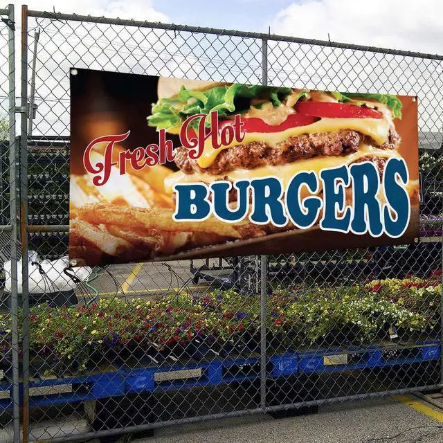 Alt view image 4 of 7 - Vinyl Banner Multiple Sizes Fresh Hot Burgers Advertising Printing D Restaurant & Food Outdoor Weatherproof Industrial Yard Signs Red 10 Grommets 60x144Inches