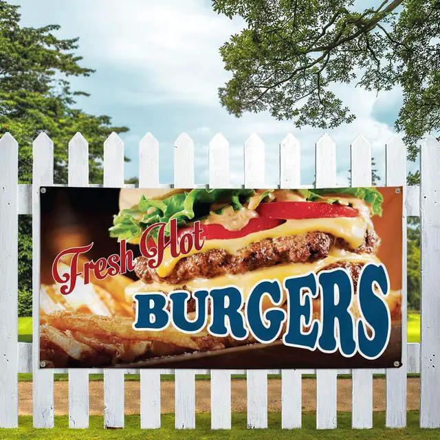 Alt view image 5 of 7 - Vinyl Banner Multiple Sizes Fresh Hot Burgers Advertising Printing D Restaurant & Food Outdoor Weatherproof Industrial Yard Signs Red 10 Grommets 60x144Inches