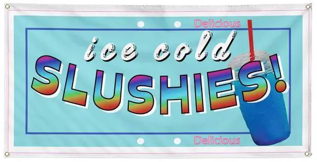 Main image of Vinyl Banner Multiple Sizes Ice Cold Slushies Restaurant Cafe Bar A Food & Beverage Outdoor Weatherproof Industrial Yard Signs Blue 10 Grommets 60x144Inches