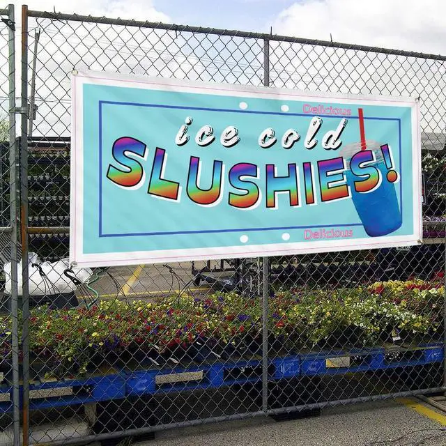 Alt view image 4 of 6 - Vinyl Banner Multiple Sizes Ice Cold Slushies Restaurant Cafe Bar A Food & Beverage Outdoor Weatherproof Industrial Yard Signs Blue 10 Grommets 60x144Inches