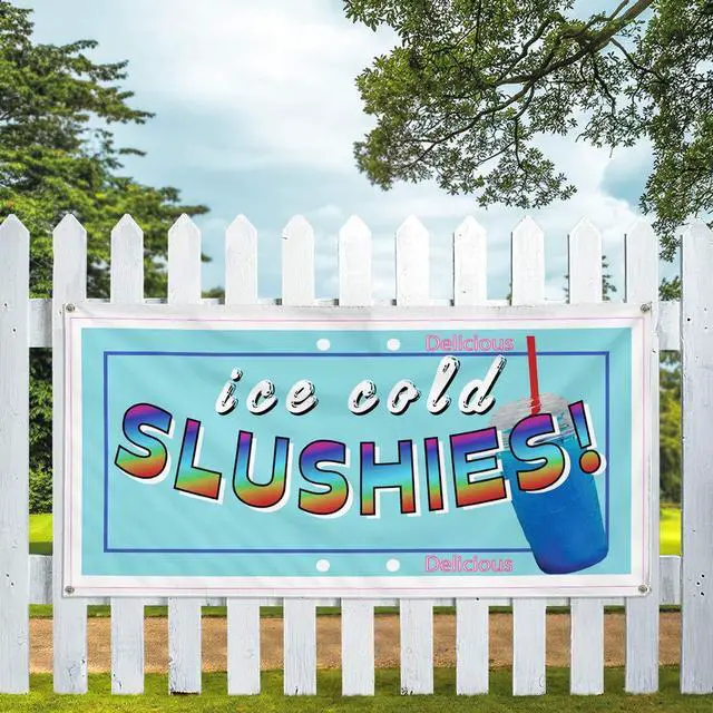 Alt view image 5 of 6 - Vinyl Banner Multiple Sizes Ice Cold Slushies Restaurant Cafe Bar A Food & Beverage Outdoor Weatherproof Industrial Yard Signs Blue 10 Grommets 60x144Inches