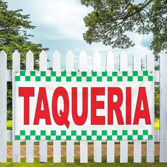 Alt view image 5 of 6 - Vinyl Banner Multiple Sizes Taqueria Red Food Bar Restaurant Truck Restaurant & Food Outdoor Weatherproof Industrial Yard Signs 10 Grommets 60x144Inches