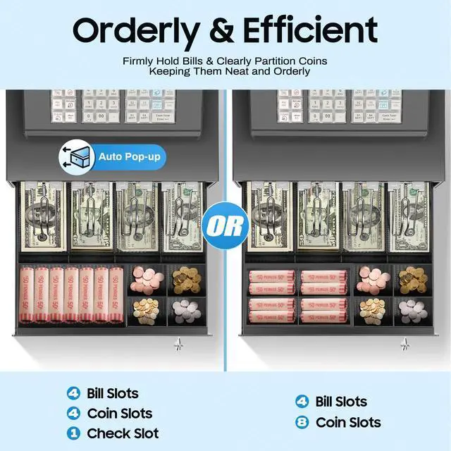 Alt view image 2 of 7 - Cash Register, Electronic Cash Register Cash Drawer Money Box with Lock, Money Tray Cash Holder Cashier Machine, 9 Bill & Coin Compartments, 38 Keys, Digital Screen, L12.8*D20in