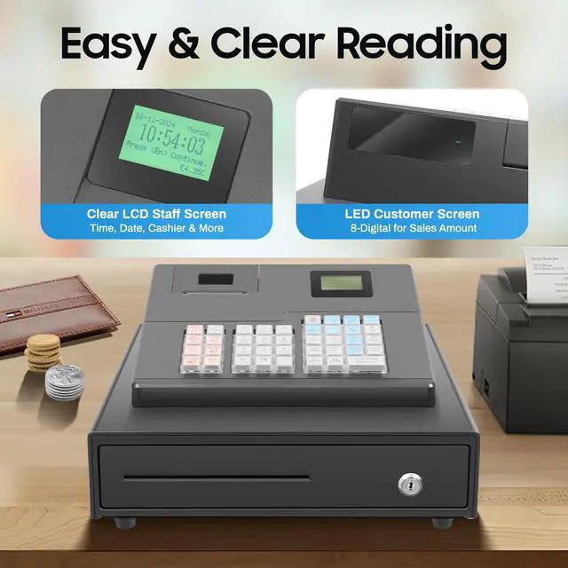 Alt view image 4 of 7 - Cash Register, Electronic Cash Register Cash Drawer Money Box with Lock, Money Tray Cash Holder Cashier Machine, 9 Bill & Coin Compartments, 38 Keys, Digital Screen, L12.8*D20in