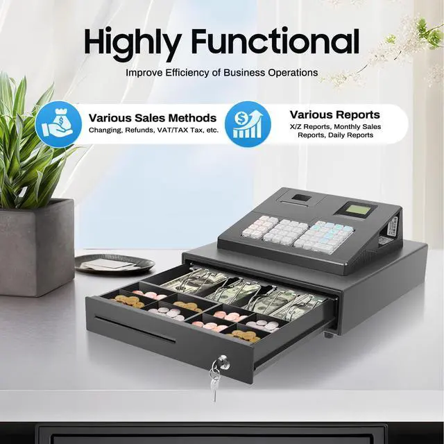 Alt view image 6 of 7 - Cash Register, Electronic Cash Register Cash Drawer Money Box with Lock, Money Tray Cash Holder Cashier Machine, 9 Bill & Coin Compartments, 38 Keys, Digital Screen, L12.8*D20in