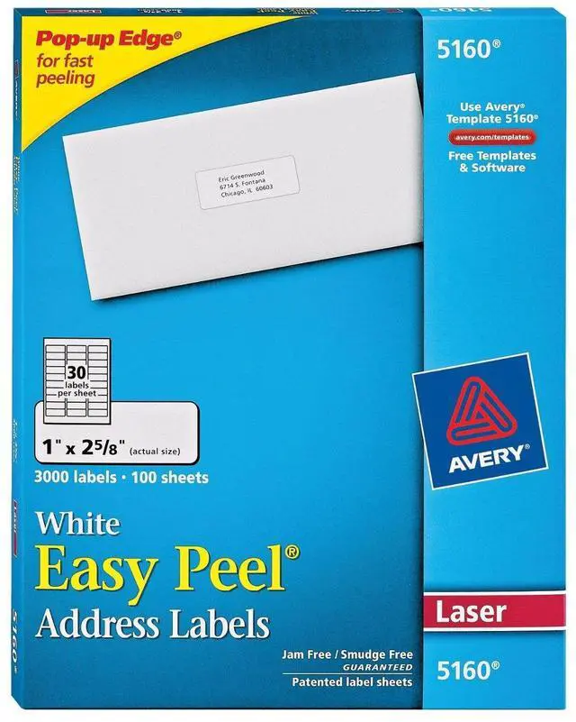 Main image of 4 X Easy Peel White Mailing Labels for Laser Printers, 1 x 2.62 Inch, Box of 3000 Labels (5160)