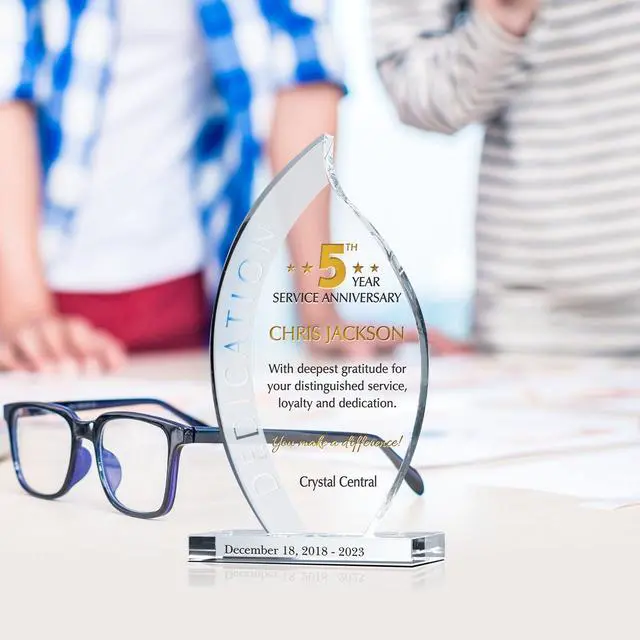 Alt view image 2 of 7 - Custom Crystal Employee Work Anniversary Awards and Trophies, Personalized Engraved with Your own Loyalty and dedication Recognition Award Message (Crystal Flame Work Anniversary Award Trophy)