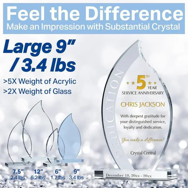 Alt view image 6 of 7 - Custom Crystal Employee Work Anniversary Awards and Trophies, Personalized Engraved with Your own Loyalty and dedication Recognition Award Message (Crystal Flame Work Anniversary Award Trophy)