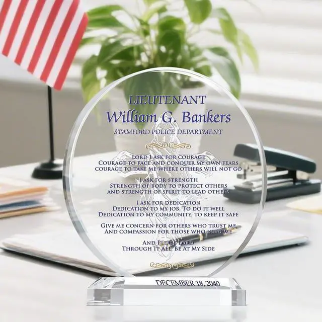 Alt view image 2 of 7 - Personalized Crystal Police Officer Prayer Plaque Custom Engraved Law Enforcement Gift with Officer Name & Department, Unique Police Academy Graduation, Retirement, or Promotion Gift (M - 6.5")