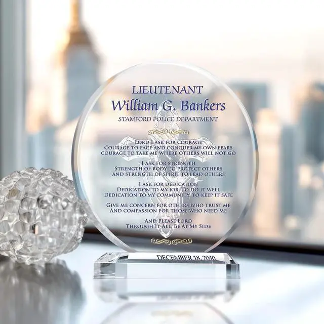 Alt view image 3 of 7 - Personalized Crystal Police Officer Prayer Plaque Custom Engraved Law Enforcement Gift with Officer Name & Department, Unique Police Academy Graduation, Retirement, or Promotion Gift (M - 6.5")