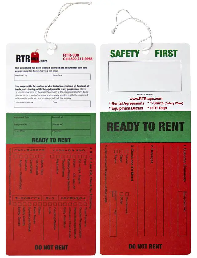 Alt view image 3 of 3 - The Original RTR-300 - 10 Pt Card Stock - Weather Resistant - Ready To Rent Equipment Tag - 1000 Per Case - FREE samples - email info@RTRnation.com