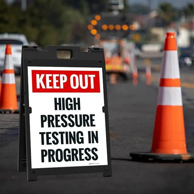Alt view image 2 of 7 - Keep Out High Pressure Testing in Progress Sidewalk Sign Kit, | 18x24 Inches, With A Frame Stand, Made in USA by