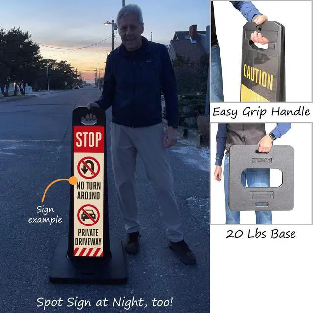Alt view image 3 of 4 - Stop No Turn Around Private Driveway LotBoss Vertical Panel Sign Kit with Rubber Base, Double-Sided, 7.875" x 35.5" 3M Engineer Grade Reflective Parking Lot Sign, Plastic Frame, USA-Made