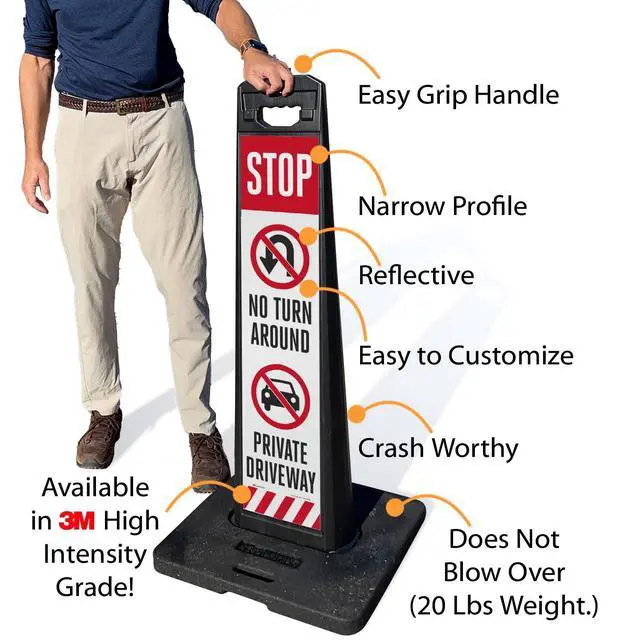 Alt view image 2 of 4 - Stop No Turn Around Private Driveway LotBoss Vertical Panel Sign Kit with Rubber Base, Double-Sided, 7.875" x 35.5" 3M Engineer Grade Reflective Parking Lot Sign, Plastic Frame, USA-Made