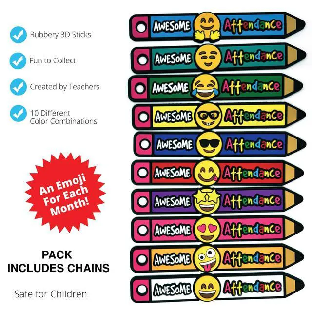 Alt view image 2 of 4 - Brag Sticks Awesome Attendance Value Pack: Wearable Incentives to Increase Student Attendance: 100 Sticks (10 Sticks for Each Design) + 50 4" Chains
