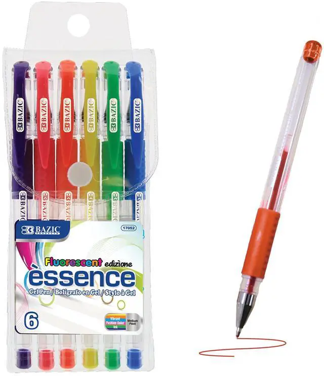 Main image of Essence Gel Pens, Grip, 0.8mm Medium, 6 Colors, 144-Case | Smooth smear-free ink, Essence fluorescent gel pens, cushion grip, 0.8 mm medium, notes, coloring, Pocket clip