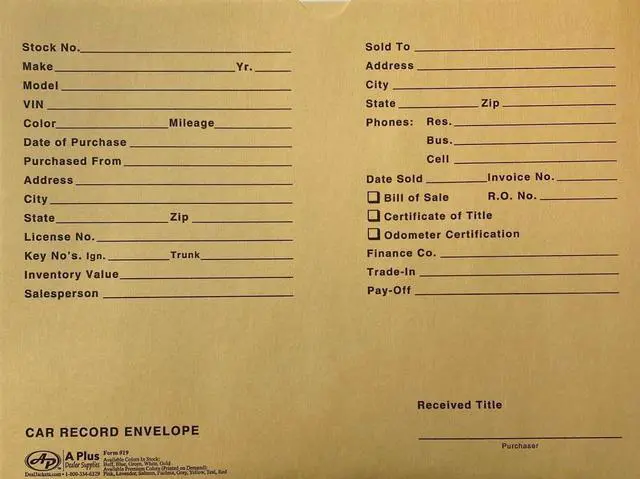 Main image of Automotive Vehicle Dealer File Jackets #19 Car Record Envelope - 500 Qty