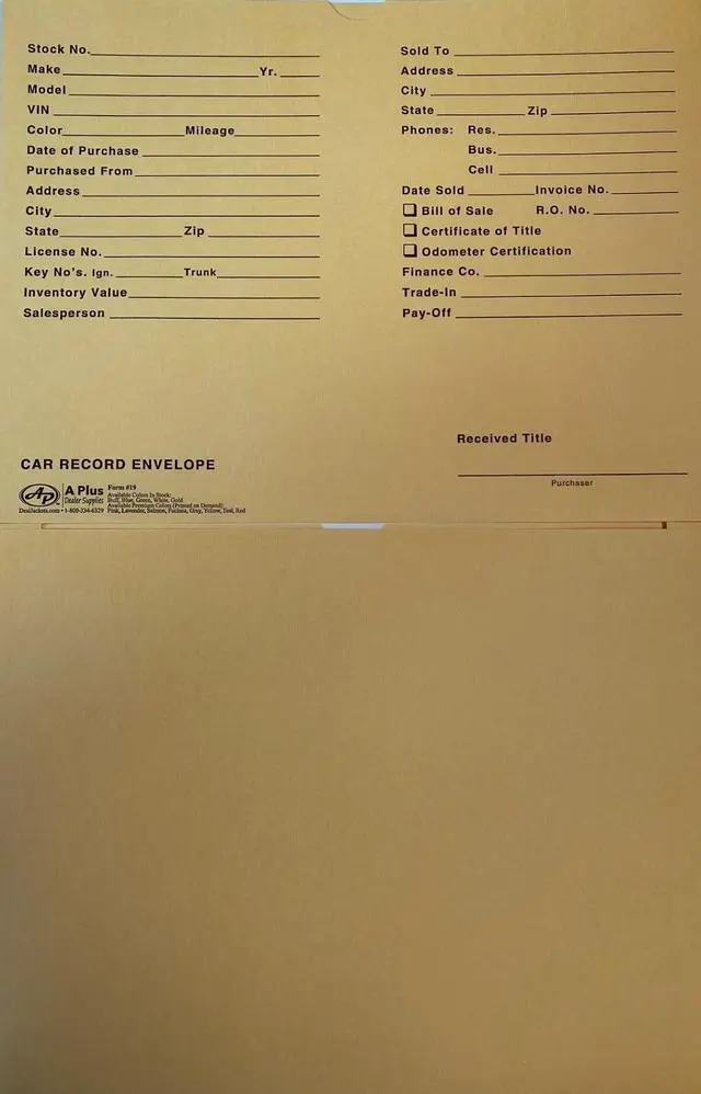Alt view image 2 of 5 - Automotive Vehicle Dealer File Jackets #19 Car Record Envelope - 500 Qty