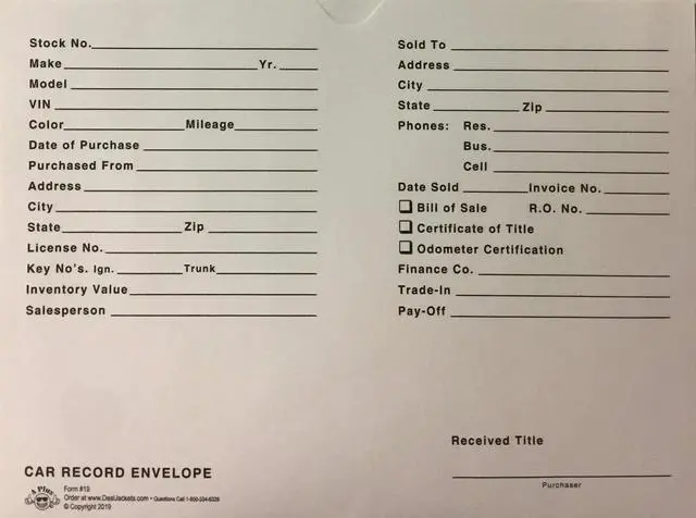 Main image of Automotive Vehicle Dealer File Jackets #19 Car Record Envelope - 500 Qty