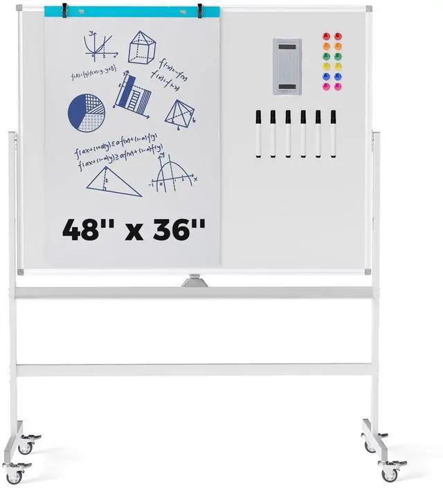 Main image of 48 x 36 Inch Double Sided Whiteboard on Wheels, Mobile Magnetic Dry Erase Board with Stand, Height Adjustable Rolling White Board with Flip Chart Pad, Markers, Magnets, for Office Classroom