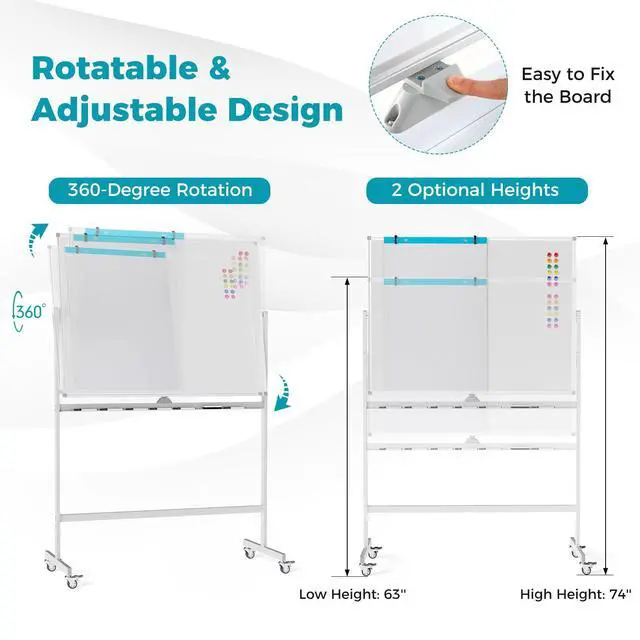 Alt view image 4 of 7 - 48 x 36 Inch Double Sided Whiteboard on Wheels, Mobile Magnetic Dry Erase Board with Stand, Height Adjustable Rolling White Board with Flip Chart Pad, Markers, Magnets, for Office Classroom