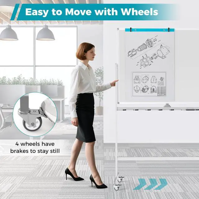 Alt view image 5 of 7 - 48 x 36 Inch Double Sided Whiteboard on Wheels, Mobile Magnetic Dry Erase Board with Stand, Height Adjustable Rolling White Board with Flip Chart Pad, Markers, Magnets, for Office Classroom