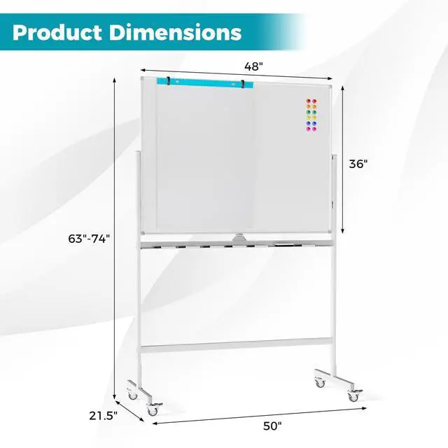 Alt view image 7 of 7 - 48 x 36 Inch Double Sided Whiteboard on Wheels, Mobile Magnetic Dry Erase Board with Stand, Height Adjustable Rolling White Board with Flip Chart Pad, Markers, Magnets, for Office Classroom