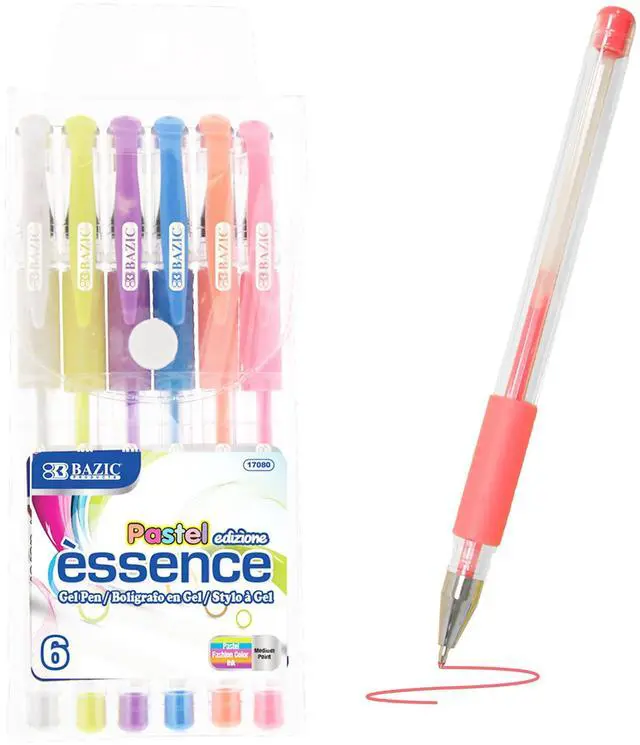 Main image of Essence Gel Pens, Grip, 0.8mm Medium, 6 Colors, 144-Case | Smooth quick-dry ink, Essence pastel gel pens, cushion grip, 0.8 mm medium, notes, journaling, coloring, Pocket clip