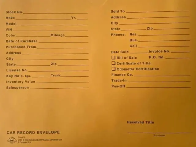 Main image of Automotive Vehicle Dealer File Jackets #19 Car Record Envelope - 500 Qty (W17)