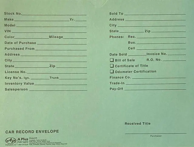Main image of Automotive Vehicle Dealer File Jackets #19 Car Record Envelope - 500 Qty