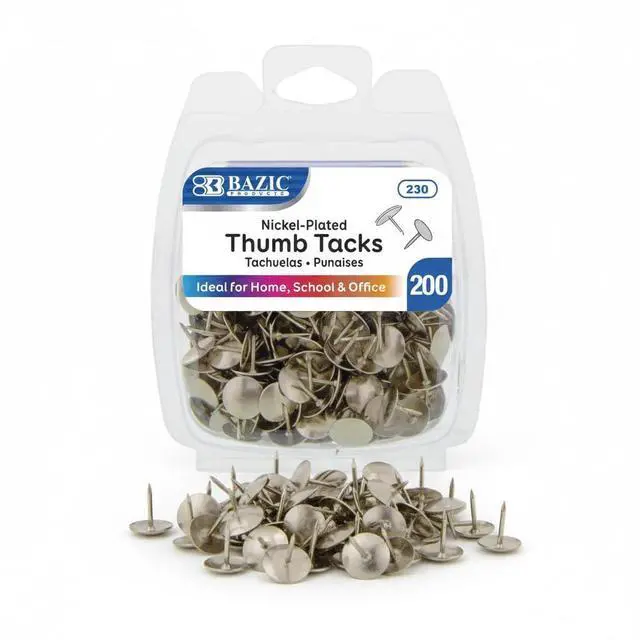 Main image of Thumb Tacks, Nickel Silver, 200 Ct, 144-Case | sharp steel points that hold notes, photos, reminders on cork and bulletin boards