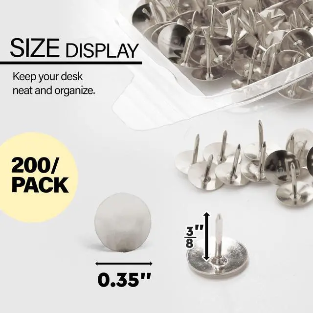 Alt view image 2 of 7 - Thumb Tacks, Nickel Silver, 200 Ct, 144-Case | sharp steel points that hold notes, photos, reminders on cork and bulletin boards