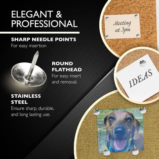 Alt view image 6 of 7 - Thumb Tacks, Nickel Silver, 200 Ct, 144-Case | sharp steel points that hold notes, photos, reminders on cork and bulletin boards