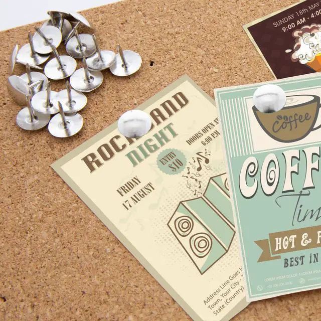 Alt view image 3 of 7 - Thumb Tacks, Nickel Silver, 200 Ct, 144-Case | sharp steel points that hold notes, photos, reminders on cork and bulletin boards