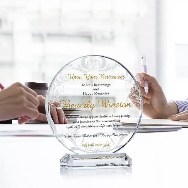 Alt view image 2 of 7 - Custom Engraved Crystal Retirement Plaque Personalized Circle Gift for Coworker, Colleague, Boss, or Employee (XL - 10")